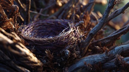 Fototapeta premium A close-up view of an empty nest intricately woven within a tangle of weathered branches, bathed in soft, natural sunlight