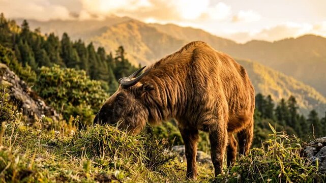 bhutan takin grazing in golden light at paro valley bhutan video