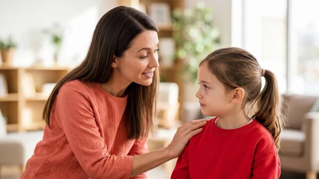Woman comforting upset girl in cozy living room. Caring mother placing hand on daughters shoulder. Emotional support and family bonding concept at home