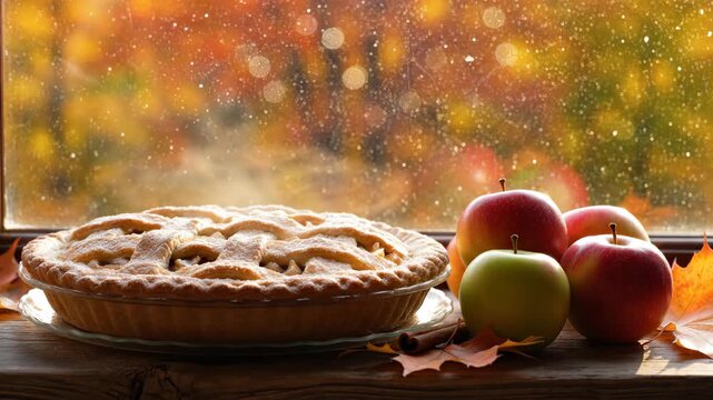 Warm homemade apple pie and fresh apples by window in autumn