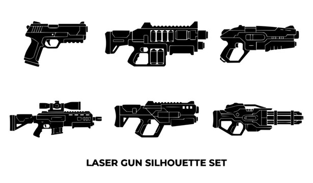 Sci-fi laser gun silhouette set featuring futuristic plasma blasters, space sniper rifles, alien weaponry icons, and cyberpunk military combat gaming armament graphics.