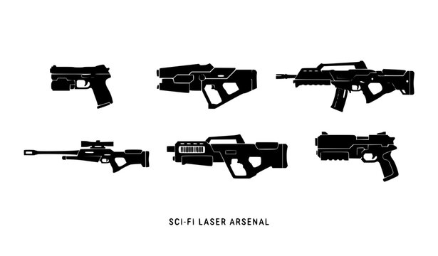Sci-fi laser arsenal icon set featuring futuristic plasma rifles, alien tech pistols, space sniper blasters, and cyberpunk military firearm weapon silhouettes.