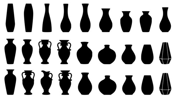 Traditional greek amphora and ceramic pottery vase silhouettes icon collection featuring antique jars, clay urns, porcelain pitchers, and home interior decor pots.
