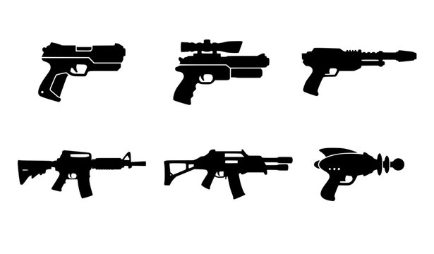 Sci-fi laser gun and futuristic blaster rifle vector icons featuring extraterrestrial weaponry, cosmic space ray blasters, and cyberpunk assault armament silhouettes.