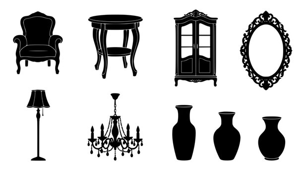 Vintage home furniture and classic interior decor silhouettes set featuring baroque armchairs, round side tables, antique cabinets, ornate mirrors, lamps, chandeliers, and ceramic vases.