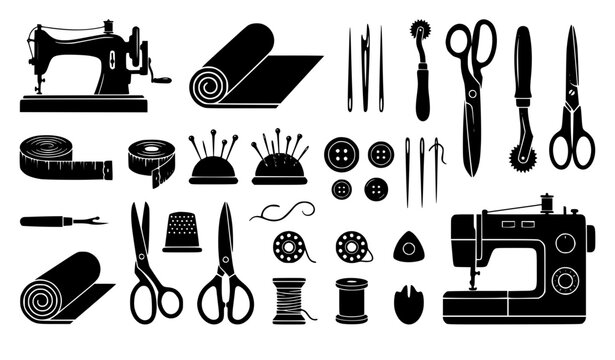  Sewing equipment silhouette vector icon set featuring vintage and modern sewing machines scissors fabric rolls needles buttons and tailor tools isolated on white