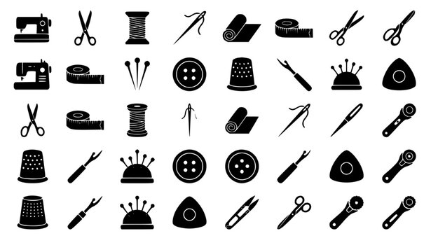 Sewing tools silhouette vector icon set featuring dressmaking buttons needles thread spools scissors measuring tapes and sewing machines isolated on white background