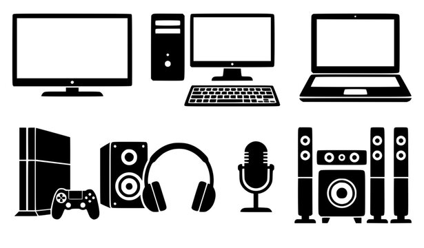 Computer and gaming hardware icon vector set with desktop pc laptop monitor gaming console headset speaker system microphone isolated on white