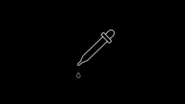 Minimalist white line animation of a pipette dropper icon with a single liquid drop isolated on a black background loop-able footage for skincare serum, and medical laboratory concepts.