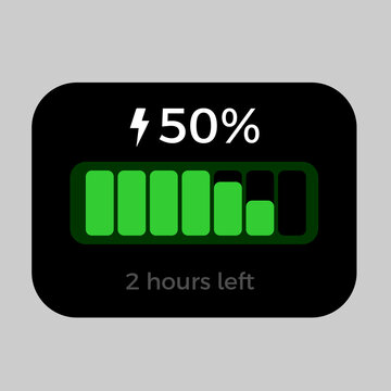 50% Battery charge indicator, 2 hours left for charging