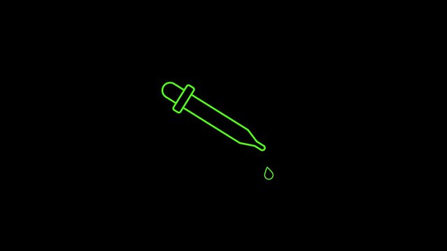 Black eye dropper icon releasing liquid drops animation on white background in flat style
