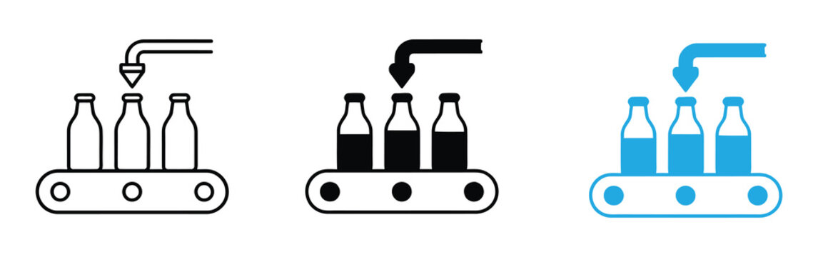 Liquid Filling Machine Icon, depicting automated liquid bottling on a conveyor, representing industrial production, food and beverage manufacturing. Factory production line with conveyor belt and bott