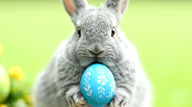 A cute gray rabbit holding a blue, floral Easter egg in a bright setting.