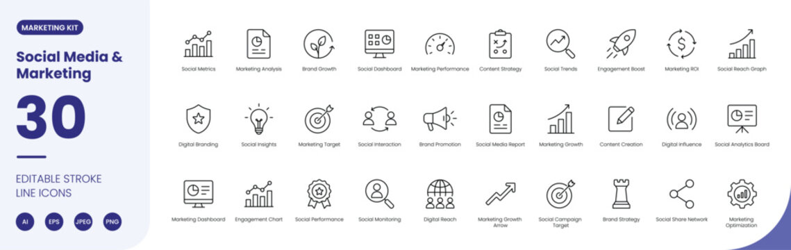 social media and marketing icon line style brand strategy editable stroke vector set