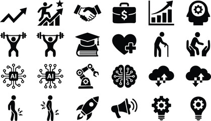 Business technology healthcare icon set, minimalist black web icons vector pack featuring artificial intelligence, rocket, growth charts isolated on white © Raju