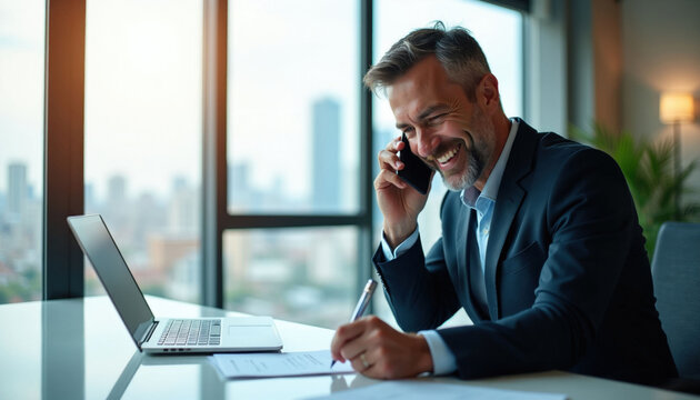 Man in suit talks on phone while writing on paper at desk. Laptop open nearby. City view from office window. Busy professional conducts business indoors.