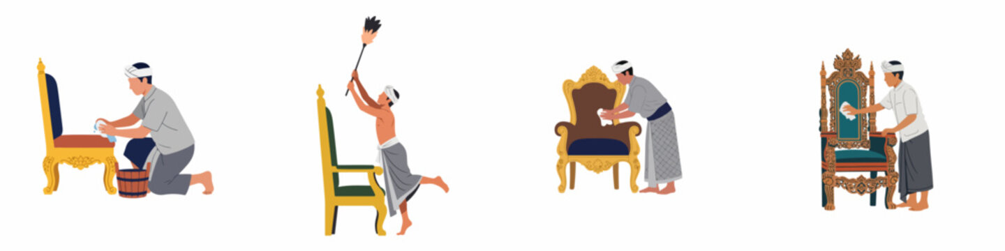 Set of Balinese men in traditional clothing cleaning ornate royal chairs and thrones, including dusting and wiping with cloth.