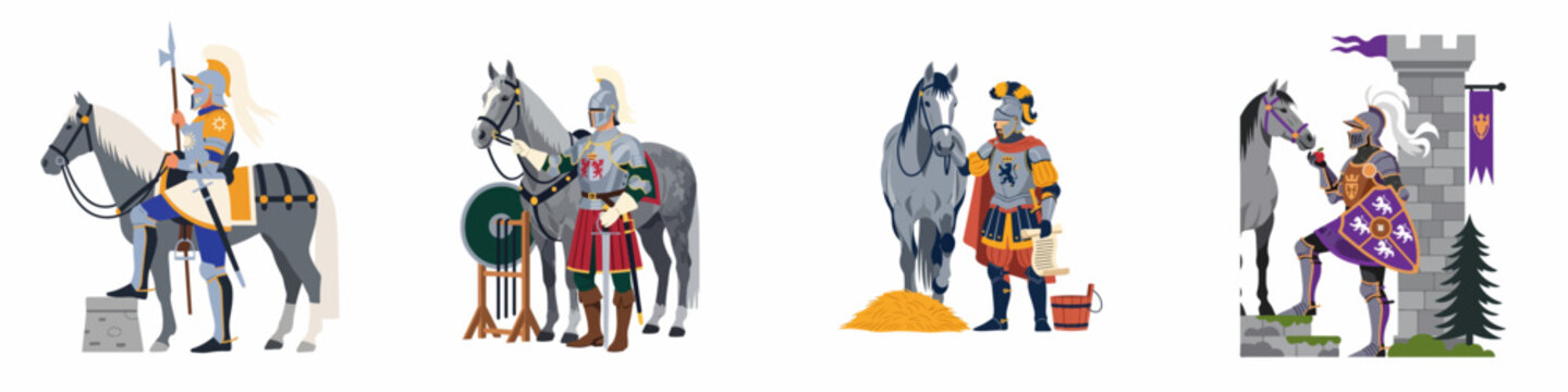 Set of vector illustrations depicting medieval knights in full armor with their horses in various historical scenes.