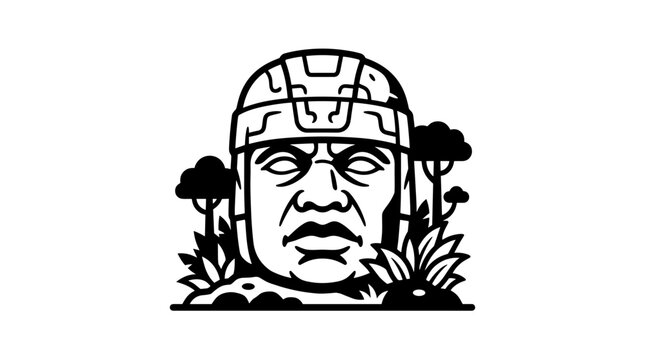 Olmec colossal head ancient stone sculpture illustration.