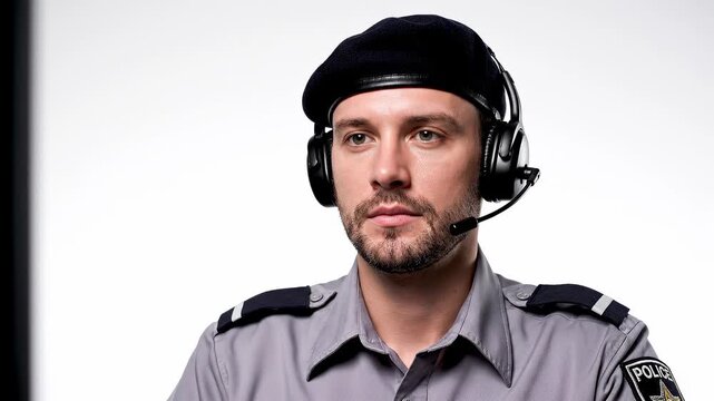 Uniformed officer monitoring and communicating with headset in studio