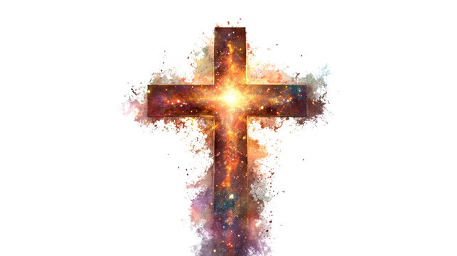 Radiant glowing Christian cross with cosmic light symbolizing faith salvation divine grace worship spirituality and sacred devotion on White background