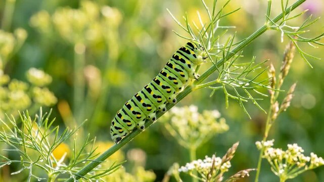 black swallowtail caterpillar on dill plant in north america garden morning light video