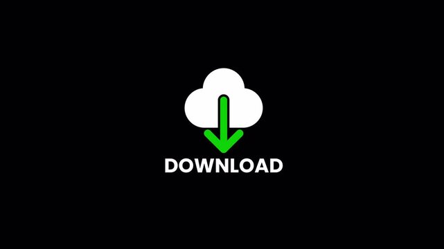 Animated cloud download symbol with green arrow icon and motion graphic elements on black background.