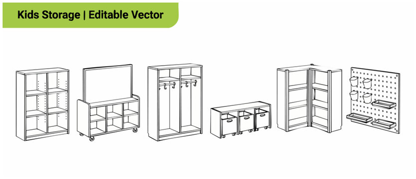 Kids storage furniture organizer vector line art illustration set for classroom playroom school organization design with shelves cubbies wardrobe cabinet and pegboard in minimalist outline style.