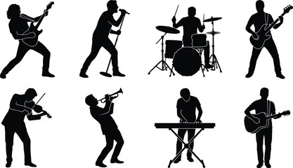 Collection of musical band silhouettes featuring musicians playing guitar drums trumpet violin keyboard and singing live on stage © MdAlamgir
