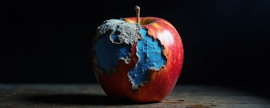 Red apple shows signs of mold and decay with blue and white patches. This spoilage suggests decline and loss in natural food resources. Rotten fruit imagery indicates failed harvest.