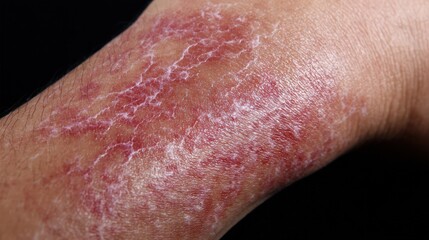Fototapeta premium Skin Eczema Dermatitis Psoriasis Redness Flaking Scaly Patches Close Up Dermatology Medical Photo
