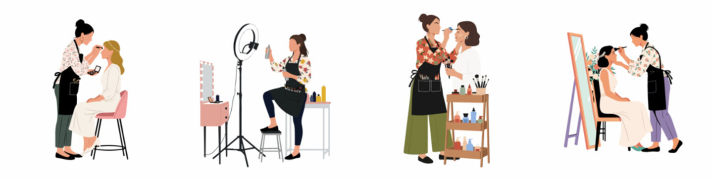Set of professional makeup artists providing beauty services to clients, including bridal preparation, filming tutorials, and makeup application scenes in flat vector style.