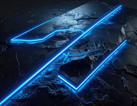 Electric blue neon lines illuminate a fractured, dark, textured surface