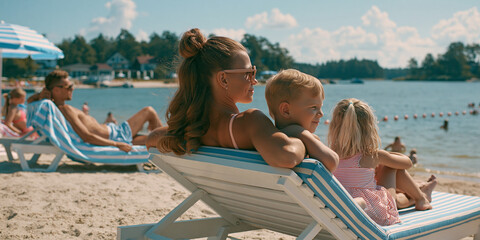 Obraz premium A family enjoying a sunny day at the beach, relaxing on lounge chairs near the water. The mother holds her young child, while another child sits beside them.
