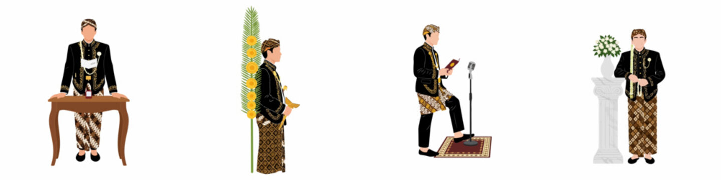 Collection of illustrations depicting a groom in traditional Javanese wedding attire performing various ceremonial rituals and poses