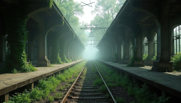 Overgrown abandoned train station with platforms and tracks disappearing into mist. Nature reclaims old railway structure with ivy and wild plants. Eerie quiet atmosphere.