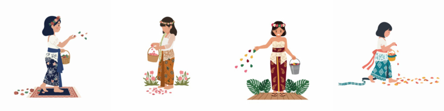 Illustrations of girls wearing traditional Indonesian kebaya and sarong, scattering flower petals from baskets in a cultural ceremony, isolated on white background.