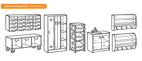 Obraz premium Classroom furniture organizer vector icons set for school storage organization, kindergarten cubbies, lockers, shelves, playroom cabinets showing clean outline design, minimalist educational line art.