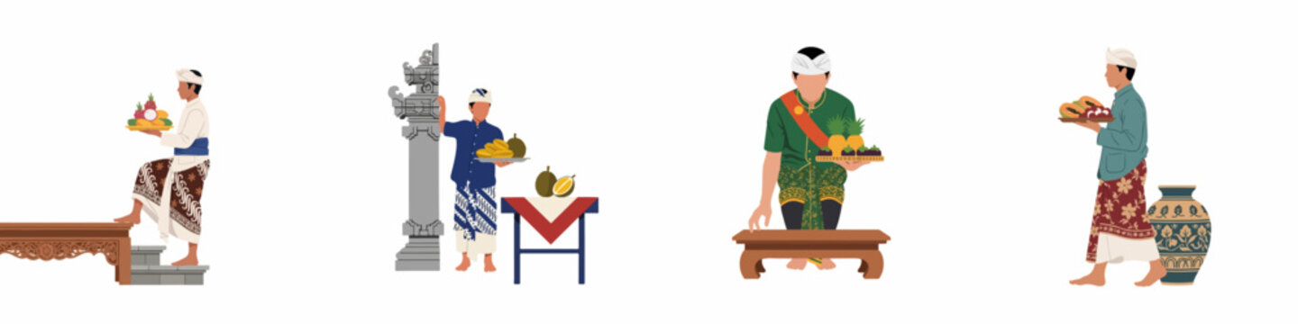 Collection of Balinese men in traditional clothing presenting offerings of tropical fruits like durian and pineapple in a flat illustration style.