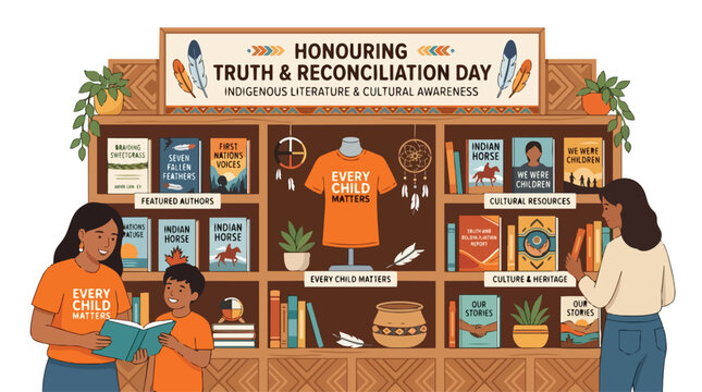 People browsing Indigenous literature and cultural awareness books for Truth and Reconciliation Day.