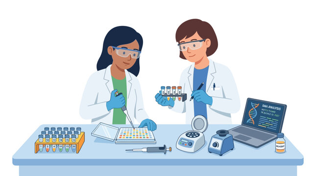 Scientists in lab coat analyze samples performing scientific research