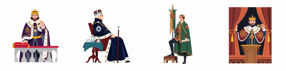 Obraz premium Collection of diverse king character illustrations in royal robes and crowns, depicting various scenes of monarchy and leadership.