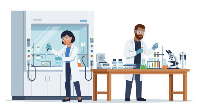 Scientists in lab coat conducting experiments, vector illustration