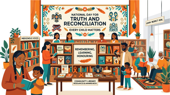 Diverse group of people reading books in a community library for National Day for Truth and Reconciliation.
