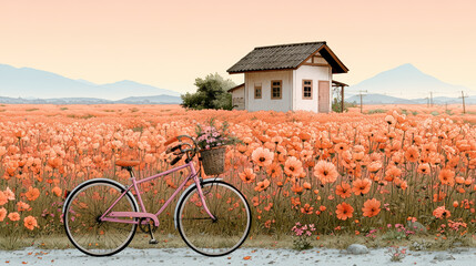 Fototapeta premium Pink bicycle with basket of flowers stands in vibrant orange poppy field near small rustic house under soft pastel sky. watercolor style