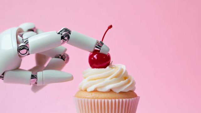 Robotic hands placing cherry on cupcake