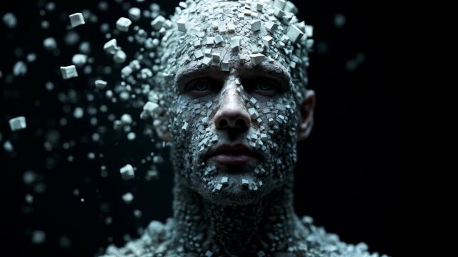 Futuristic human head disintegrates into floating geometric cubes against dark minimalist background