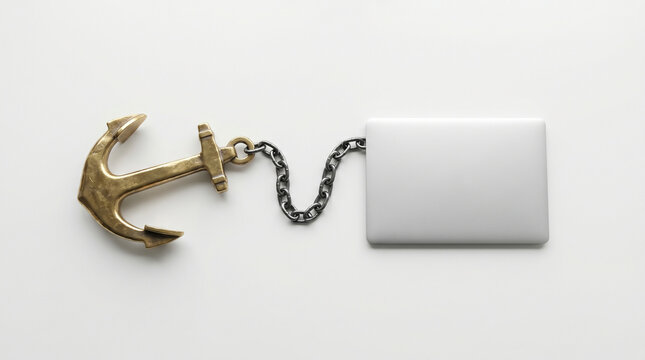 Heavy industrial anchor chained to a modern laptop on a white desk, symbolizing digital burden, restricted mobility, and technical debt.