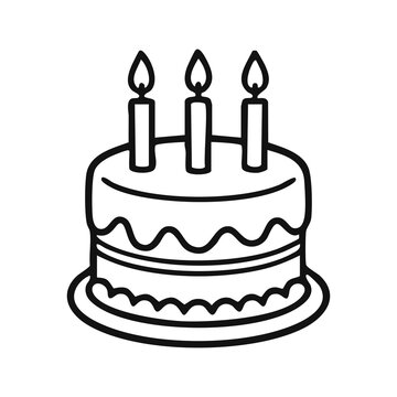Birthday Cake with Three Burning Candles on Plate Vector Illustration - Sweet Celebration Dessert Line Art Icon for Anniversary and Party Design