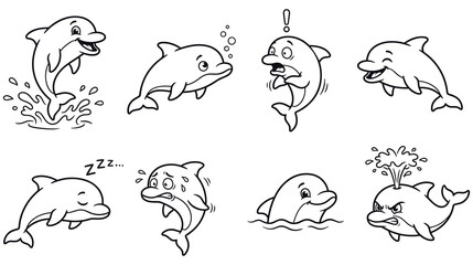 Set of cute dolphin characters in various poses and emotional states design. © abedin